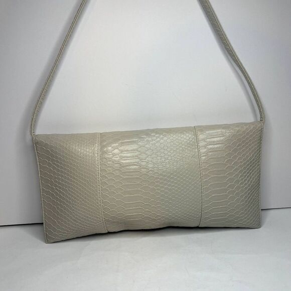 Jessica McClintock Alligator Print Beige Leather Flap Wide Clutch Handbag Purse - Picture 4 of 10